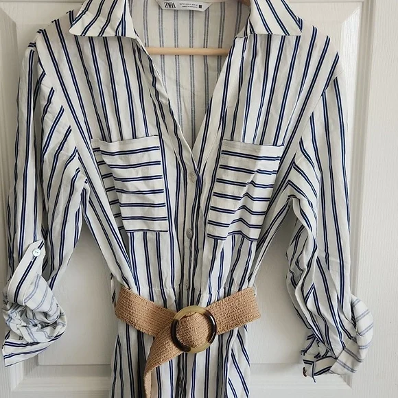 Zara Linen Striped Long Dress with Belt Small - Picture 6 of 14